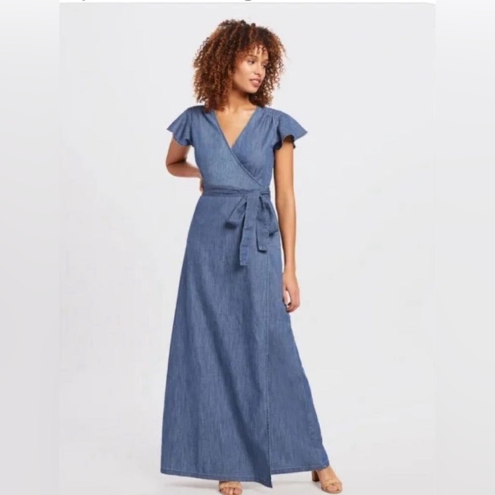 $138  Draper James Chambray Denim Wrap Style Long Maxi Dress Size 0